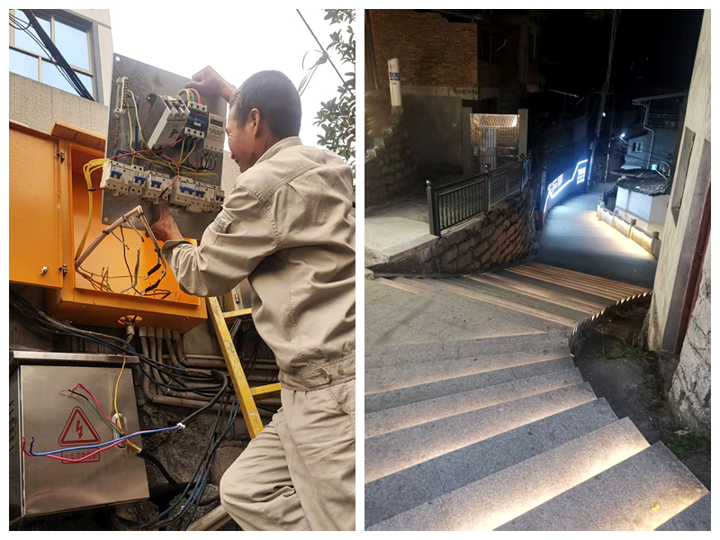 办得好丨亮灯啦!福建多地群众反映的路灯问题解决了 左图为供电所工人维修供电箱,右图为道路恢复亮灯。何先生供图