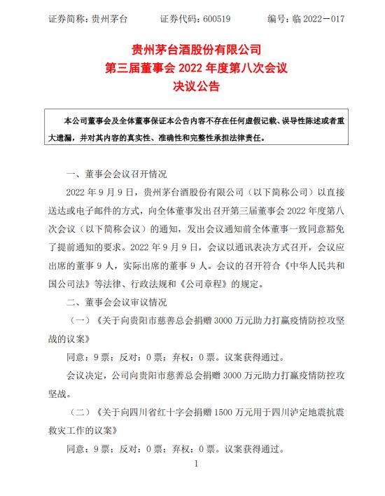 贵州茅台向贵州、四川捐赠4500万元用于抗疫、救灾