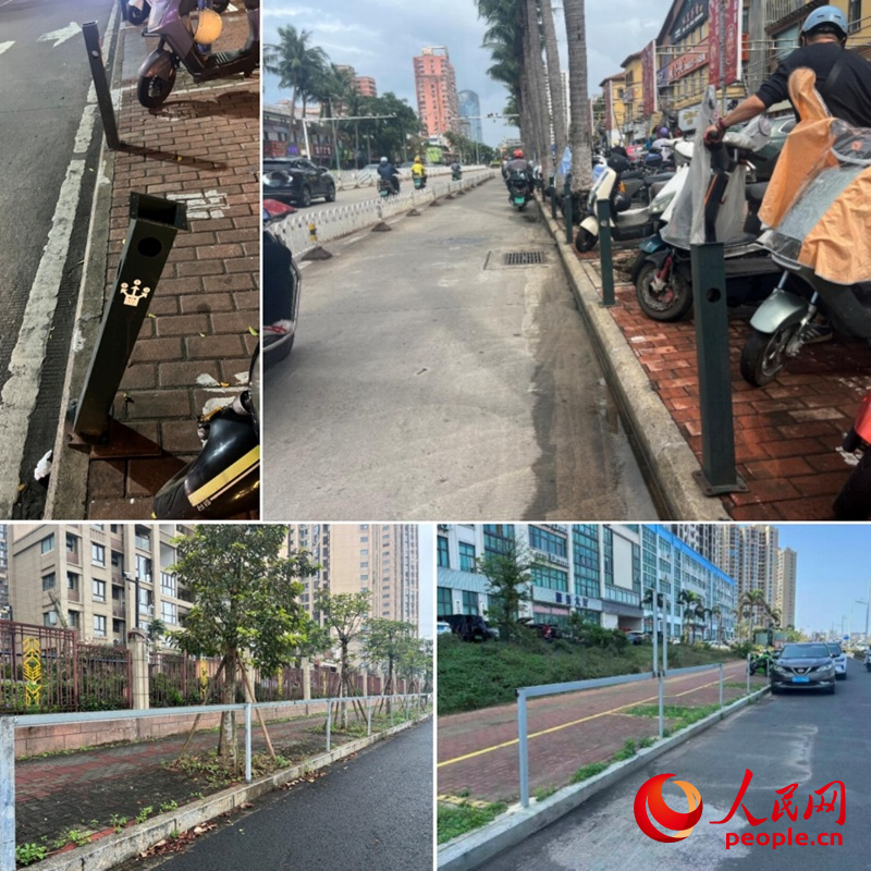 海口:电动自行车共享充电桩“烂尾”谁之责? 海口多个路段上的“烂尾”电动自行车共享充电桩(拼图)。人民网 符武平、李学山摄